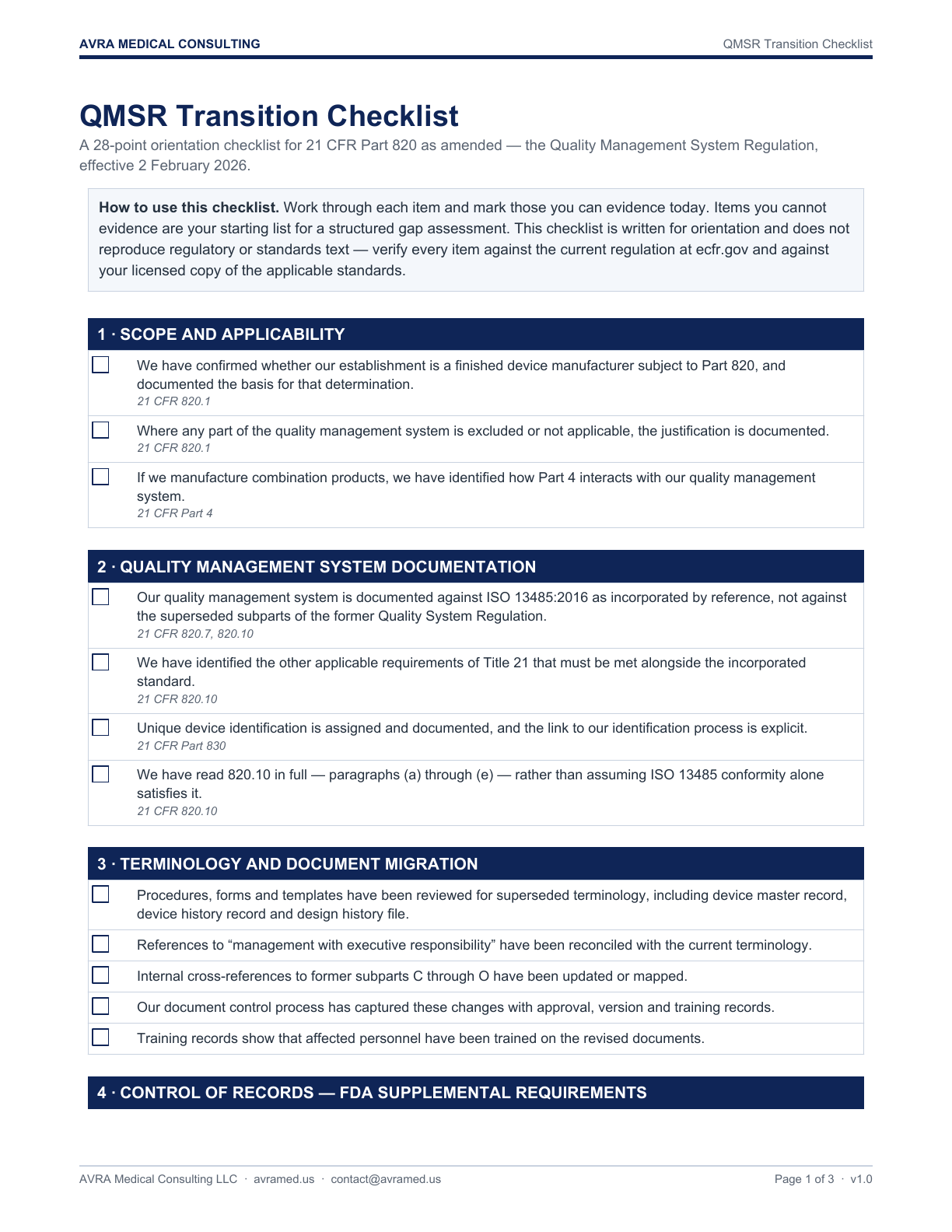 Preview of the AVRA QMSR Transition Checklist showing the first page and review categories