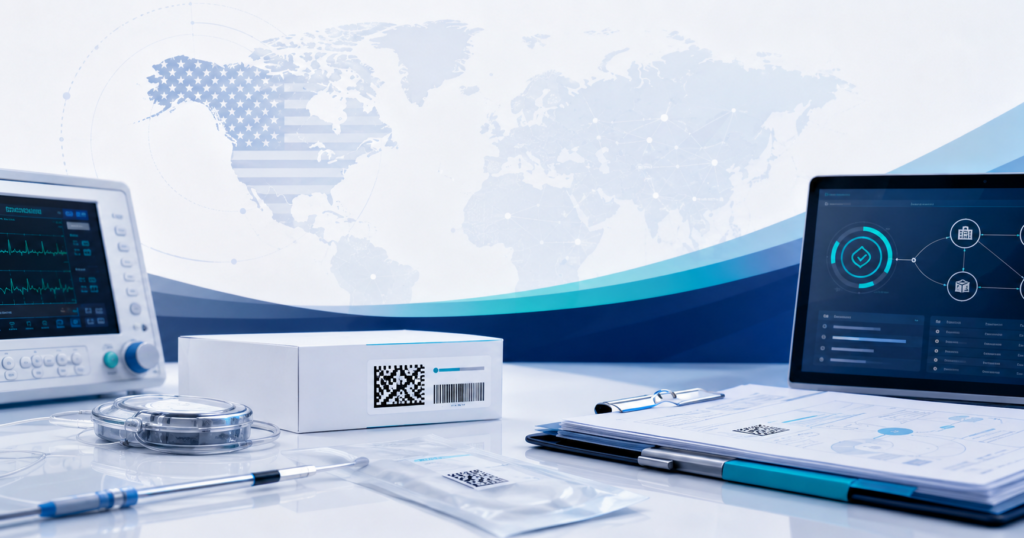 U.S. medical device UDI compliance concept with barcode packaging and regulatory data dashboard